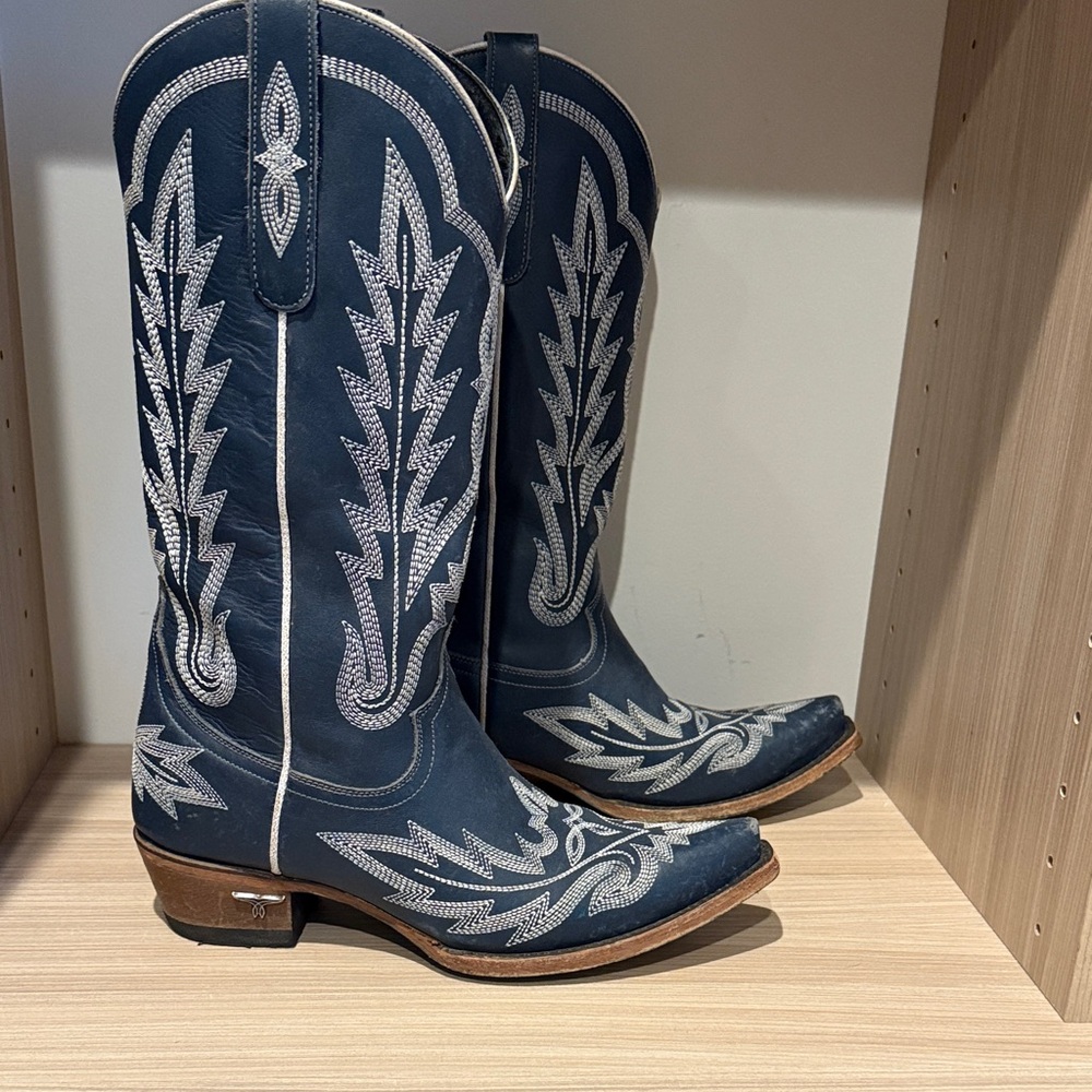 Women's Blue Embroidered Heeled Boots